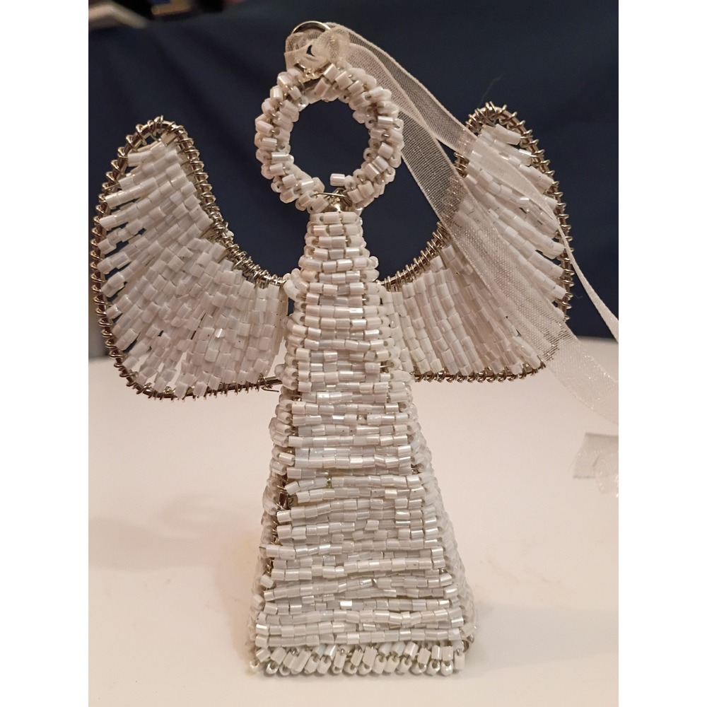 White Beaded Angel Christmas Ornament Silver Wire Frame Holiday Decor Standing